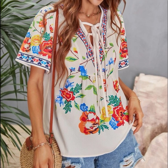 Boho Cream Floral Print Puff Sleeve Top Blouse - Picture 4 of 8